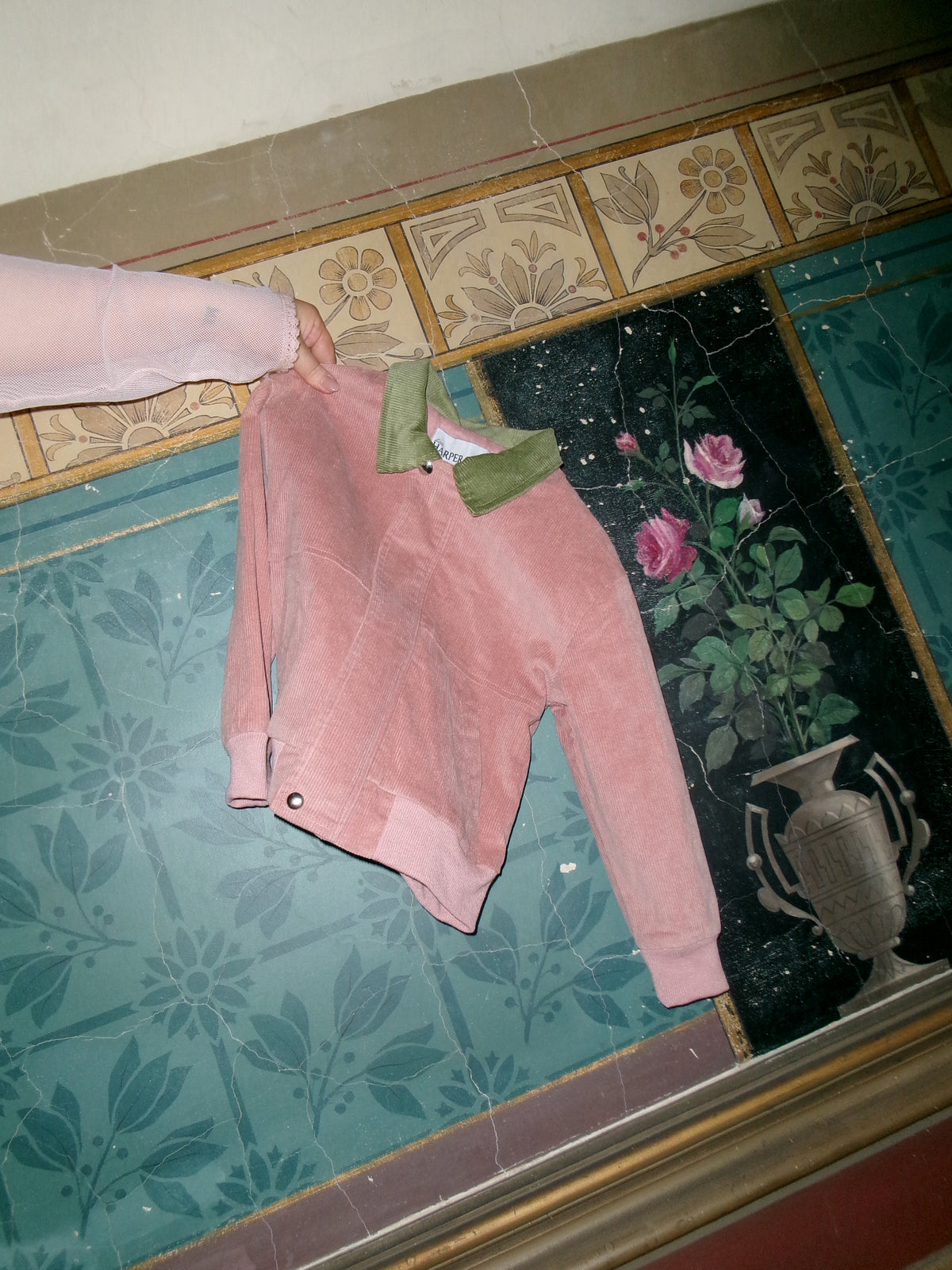 Girls pink cotton corduroy jacket with olive green contrast collar and oversized pockets by Little Harper Lee.