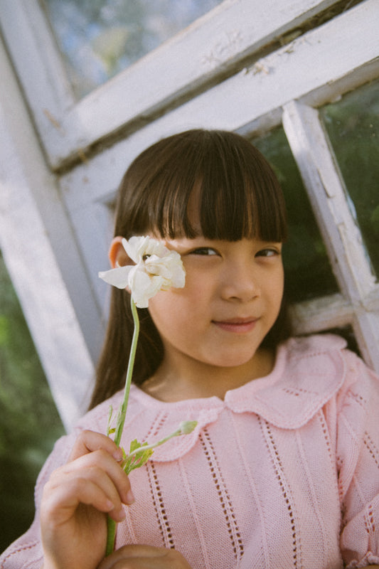 Girls' Annabelle 100% cotton lightweight pointelle knit top with Peter Pan collar and puff sleeves by Little Harper Lee.