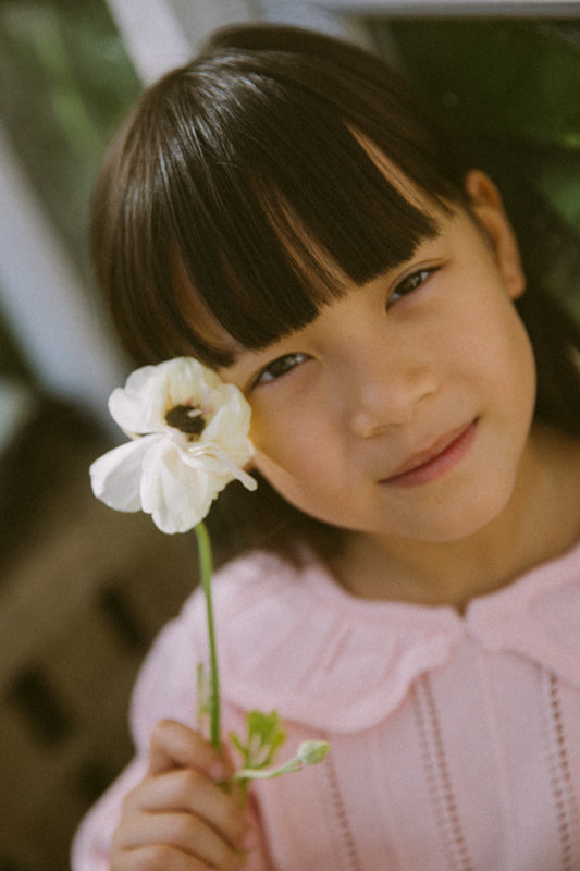 Girls' annabelle 100% cotton lightweight pointelle knit top with Peter Pan collar and puff sleeves by Little Harper Lee.