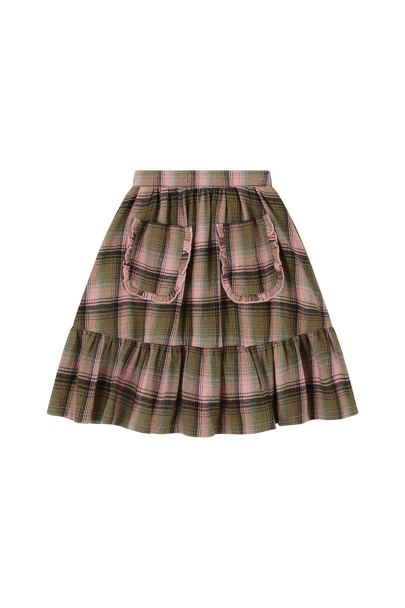 Girls' tartan cotton skirt with frill-trimmed feature pockets, elastic waistband and cotton muslin lining by Little Harper Lee.