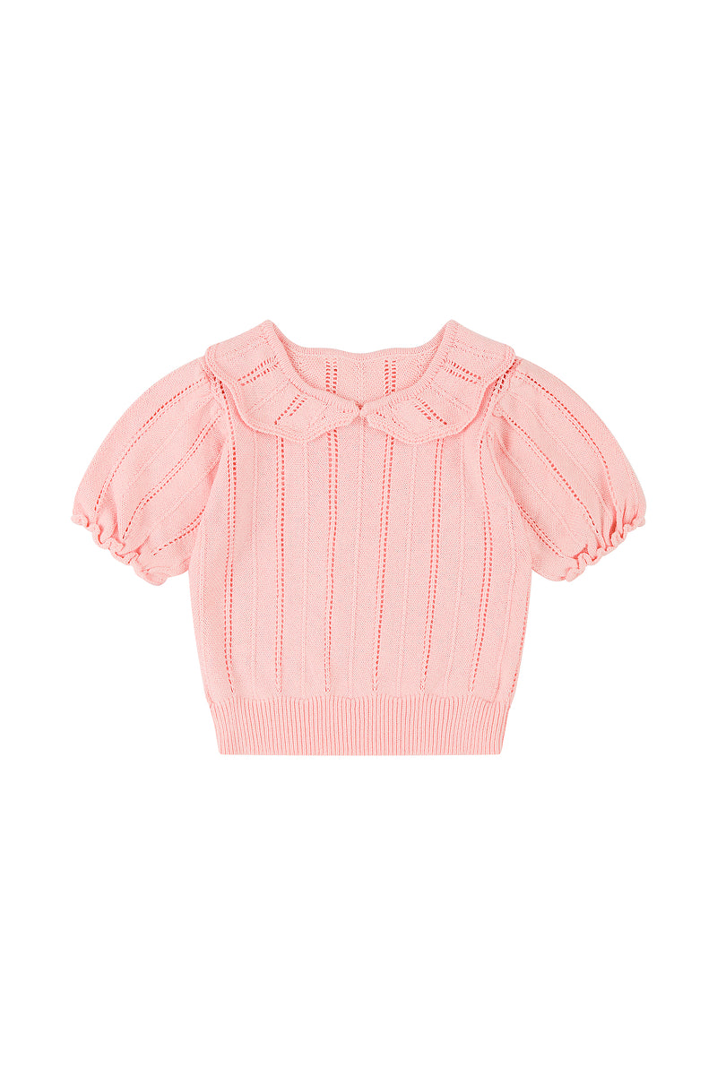 Girls' Annabelle 100% cotton lightweight pointelle knit top with Peter Pan collar and puff sleeves by Little Harper Lee.